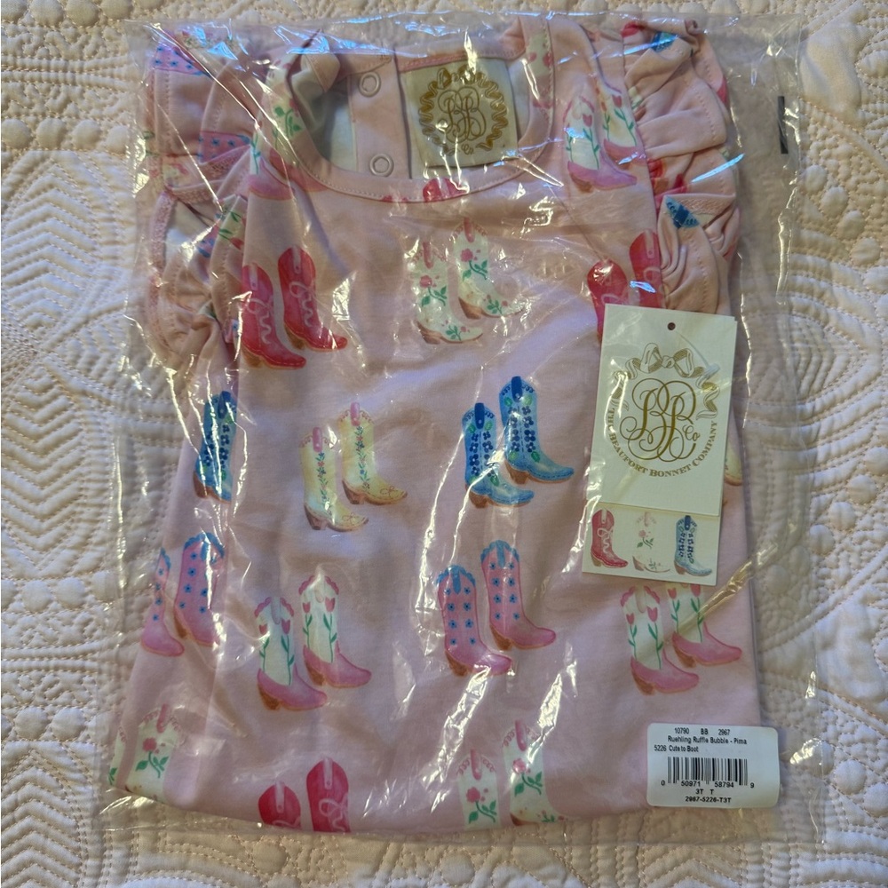 Pink bubble romper with Colorful Boot Print